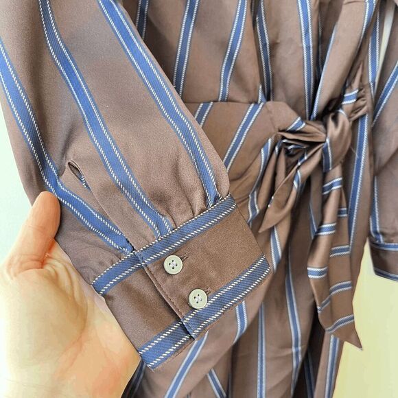 LOFT Brown Satin Striped Wrap Midi Dress w/ Waist Tie, Collared, Size M - Picture 7 of 12